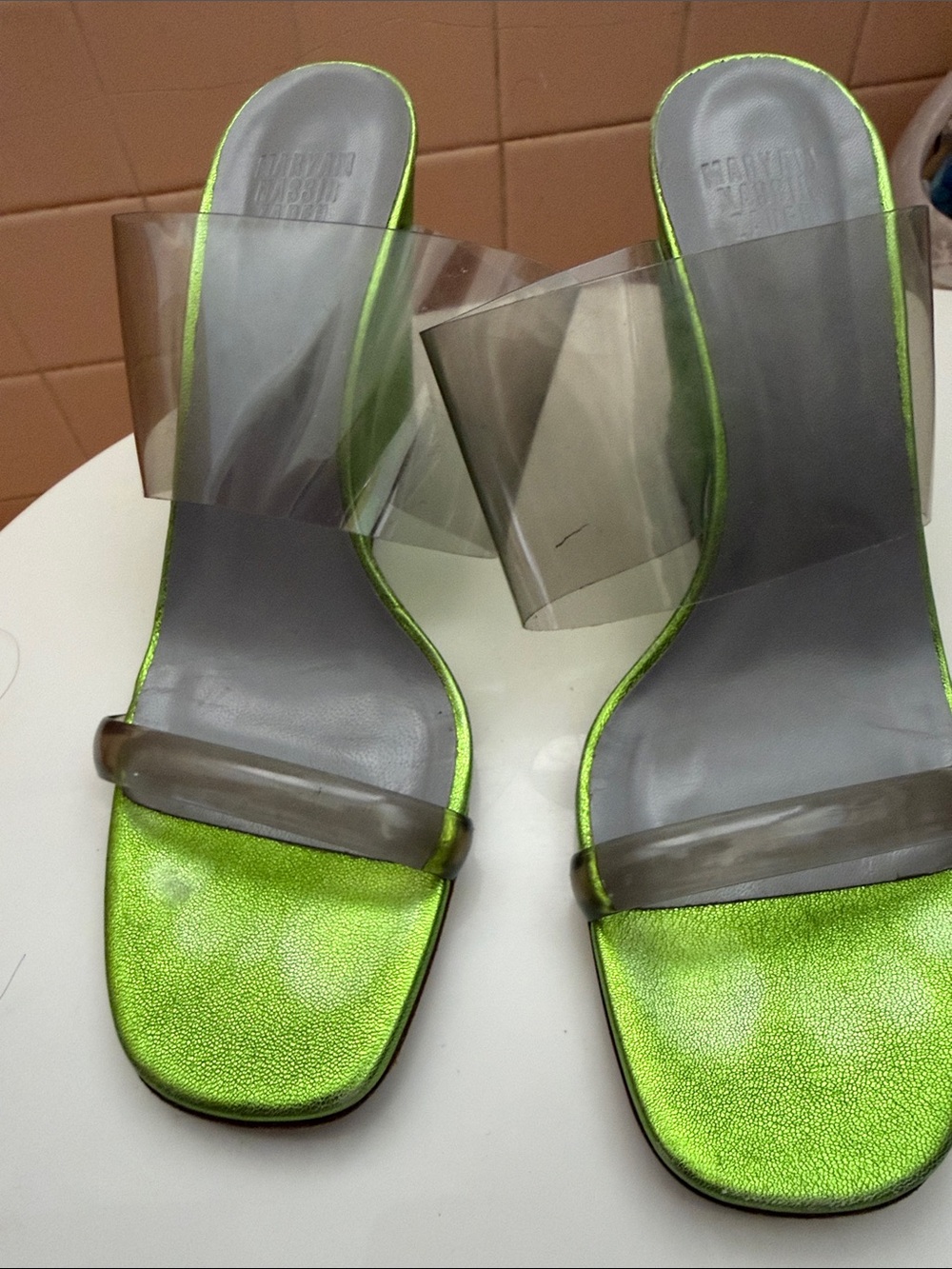 Maryam Nassir Zadeh Lime Metallic Slide Mules with Clear Straps